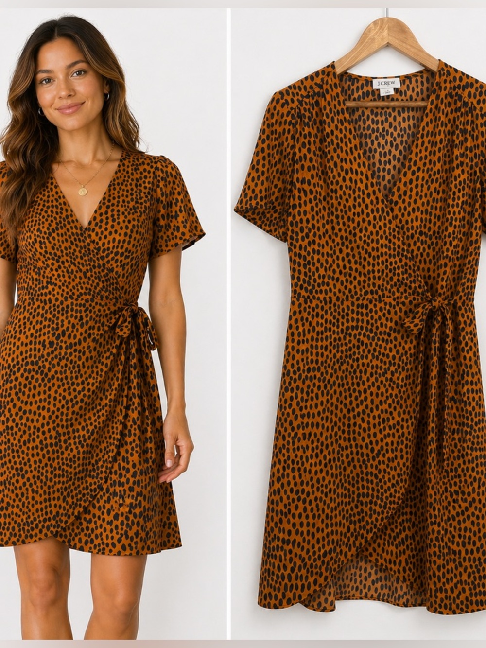 J.Crew Animal Print Wrap Dress Orange Black Cheetah Short Sleeve Size 4 Office